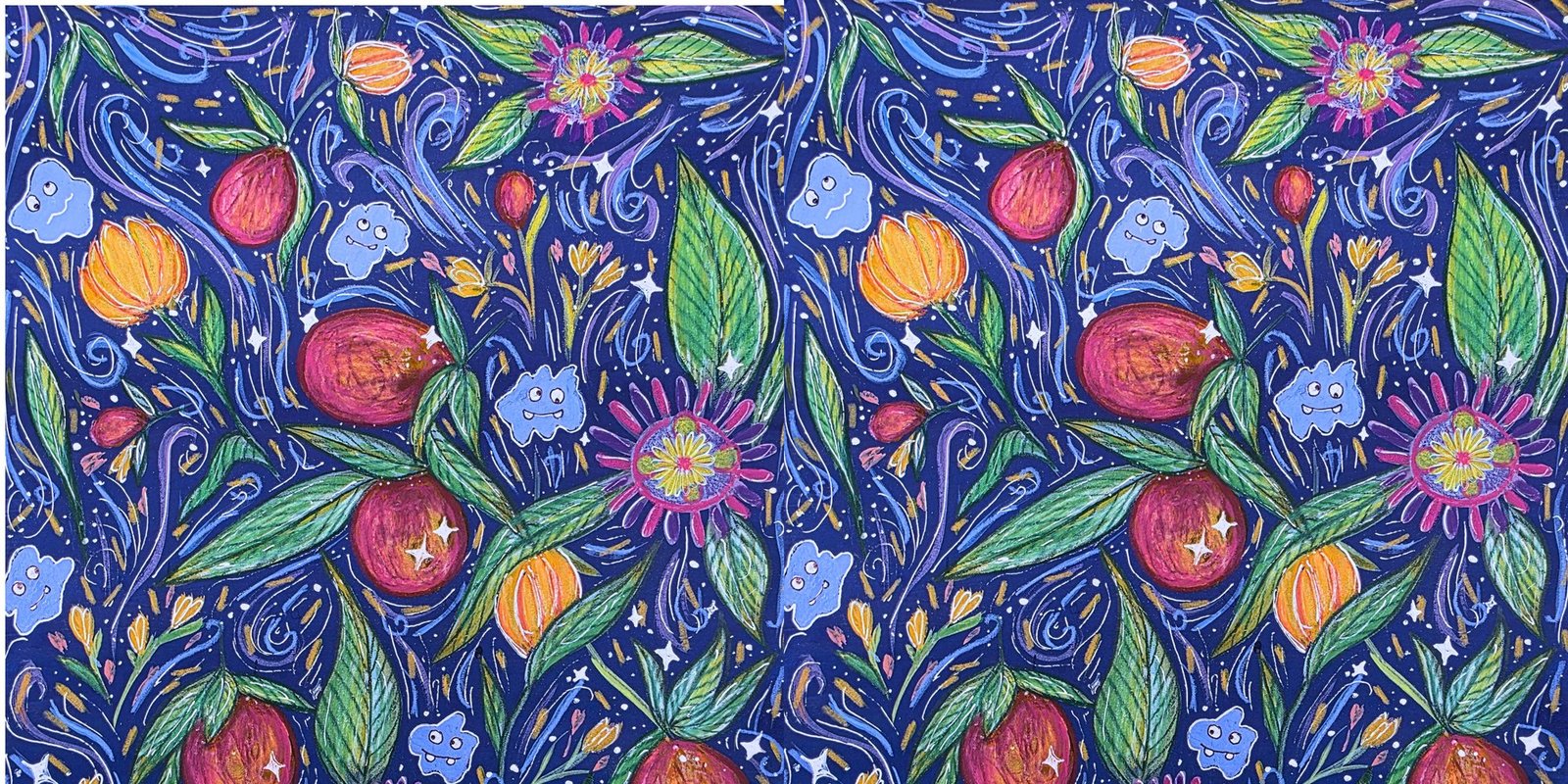 Fruit, blossom and wild stars on deep navy, the front and back boards beneath the jacket.